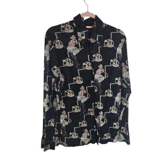 Vintage Tops - Vtg 70s Art Deco Woman Black Nylon Long Sleeve Shirt